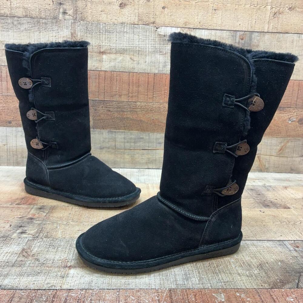 Bearpaw Boots Womens Size 8.5 39.5 Black Suede Shearling Mid Calf Button Winter